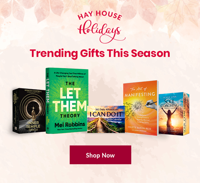 Hay House Holidays banner featuring a limited-time offer of 50% off calendars and journals. Headline reads 'Your Best Year Starts Here'. Displayed products include 'Fast Like a Girl Journal', 'Good Vibes, Good Life', 'The Gift of Gratitude', 'I Can Do It 2026 Calendar', 'Moonology Diary 2026', 'Moonology Calendar 2026', and 'The Letting Go Guided Journal'. Includes a red 'Shop Now' button. Offer valid in the US & Canada on $40+ orders. Ends November 13.