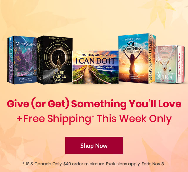 Promotional banner featuring a limited-time offer with free shipping on select Hay House products. Headline reads: 'Give (or Get) Something You’ll Love.' Includes products such as 'Mindscapes Tarot', 'Inner Temple Oracle', 'I Can Do It 2026 Calendar', 'Soul Coaching Oracle Cards', and 'Spirit Animal Pocket Oracle'. Red 'Shop Now' button shown. Offer valid in the US & Canada with a $40 order minimum. Ends November 8.