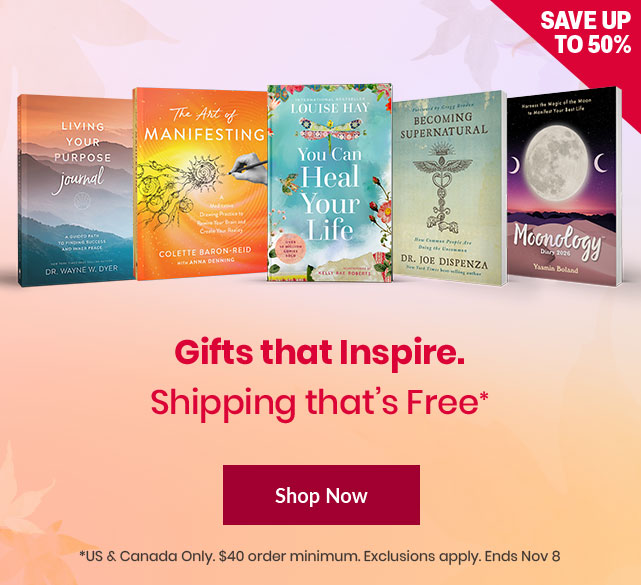 Promotional banner showcasing a holiday offer with up to 50% off and free shipping on select items. Headline reads 'Gifts that Inspire. Shipping that’s Free*'. Displayed products include 'Living Your Purpose Journal', 'The Art of Manifesting', 'You Can Heal Your Life', 'Becoming Supernatural', and 'Moonology Diary 2026'. Includes a red 'Shop Now' button and note that offer is valid in the US and Canada with $40 minimum. Ends November 8.