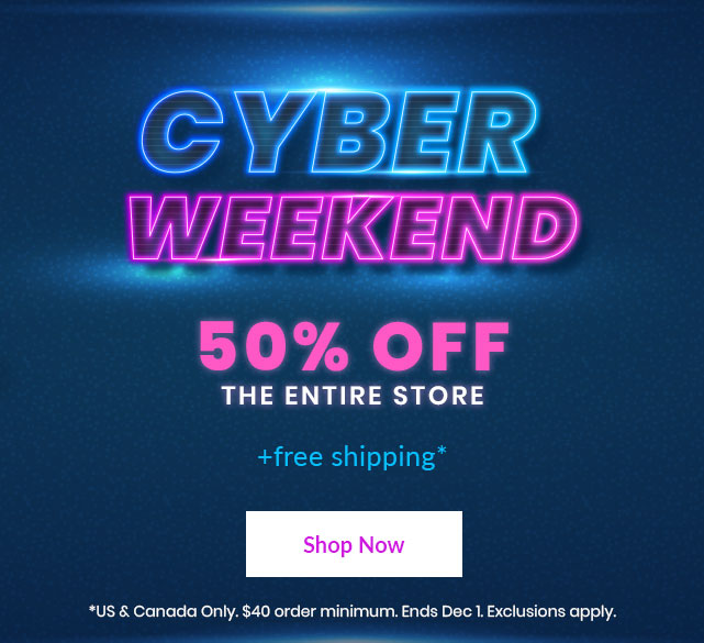 Hay House Holidays Cyber Weekend banner offering 50% off the entire store with free shipping. Neon-style text reads 'Cyber Weekend' with '50% OFF the entire store' below it, all set against a dark blue glowing background. Includes a pink 'Shop Now' button. Offer valid in the US and Canada with $40 minimum purchase. Ends December 1.