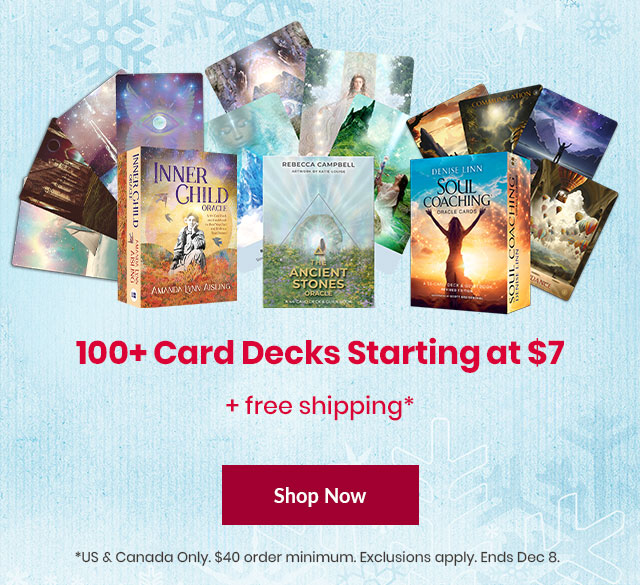 Hay House Holidays promotion banner with snowflake background featuring five card decks and bold red text stating 'Up to 60% Off All Card Decks'. Books shown include The Universe Has Your Back, Ancient Stones, Affirmations for Self-Esteem, Soul Coaching, and The Letting Go Deck. Ships Free offer applies to US & Canada with $40 minimum. Ends Dec 8.
