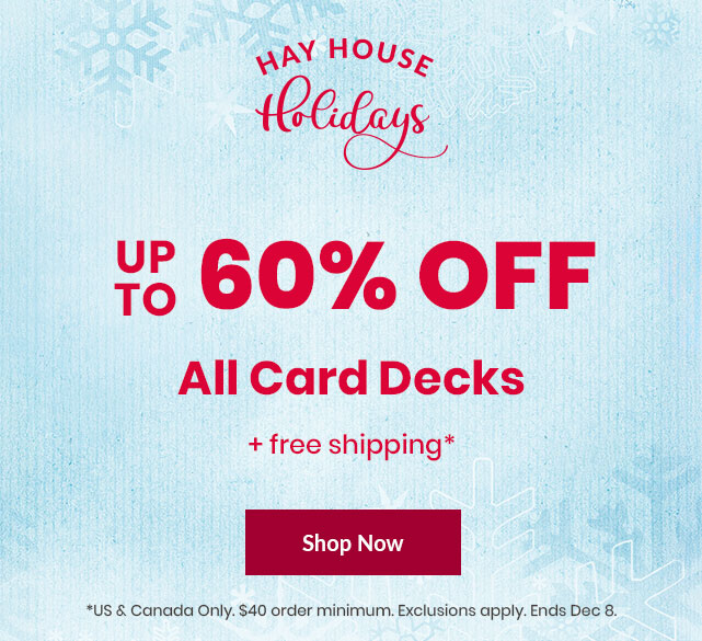Hay House Holidays promotional graphic featuring a light blue winter theme background with snowflakes, showcasing a sale of up to 60% off all card decks