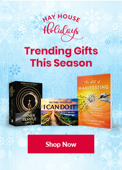 Hay House Holidays promotional banner featuring the headline 'Trending Gifts This Season' with six featured products including books and card decks: 'Inner Temple Oracle' by Rebecca Campbell, 'The Let Them Theory' by Mel Robbins, 'I Can Do It 2026 Calendar' by Louise Hay, 'The Art of Manifesting' by Colette Baron-Reid, and 'Soul Coaching Oracle Cards' by Denise Linn. The background features winter-themed snowflakes and a red 'Shop Now' button.