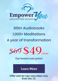 A promotional graphic for the “Empower You Unlimited Audio” subscription from Hay House. On the left is a smartphone displaying the audiobook You Can Heal Your Life by Louise Hay, with white earphones plugged in. On the right, the text highlights the offer: “600+ Audiobooks, 1,000+ Meditations, A year of transformation.” The original price of ~$69~ is crossed out and replaced with $49/year in bold red, labeled as “Our lowest ever price!” A red “Learn More” button is centered below. The background features a faint collage of book and audiobook covers, with the offer ending December 23.