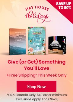 Hay House Holidays promotional banner offering up to 50% off and free shipping for a limited time. Headline reads 'Give (or Get) Something You’ll Love.' Features 'Living Your Purpose Journal', 'You Can Heal Your Life' by Louise Hay, and 'Moonology Calendar 2025'. Includes a red 'Shop Now' button. Offer valid in the US & Canada with a $40 order minimum. Ends November 8.