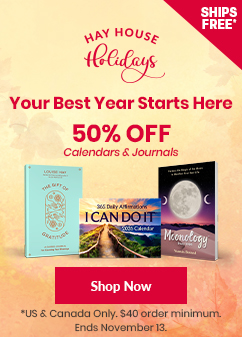 Hay House Holidays promotional banner for a limited-time offer of 50% off calendars and journals. Headline reads 'Your Best Year Starts Here'. Features 'The Gift of Gratitude', 'I Can Do It 2026 Calendar', and 'Moonology Diary 2026'. Includes a red 'Shop Now' button and a note that the offer is valid in the US and Canada with a $40 minimum. Ends November 13.