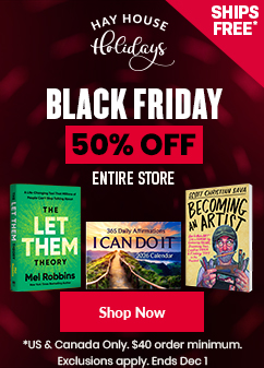Hay House Holidays Black Friday banner promoting 50% off the entire store with free shipping. Features products including 'The Let Them Theory' by Mel Robbins, 'I Can Do It 2026 Calendar', and 'Becoming an Artist'. Includes bold white and red text on a dark red background with a red 'Shop Now' button. Offer valid in the US & Canada with $40 minimum. Ends December 1.