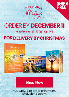 Hay House Holidays promotional banner with light blue snowflake background. Features a 'SHIPS FREE' tag in the top right. Main text reads: 'Order by December 11 before 11:59PM PT for delivery by Christmas.' Below are three product images: 'The Art of Manifesting' book by Colette Baron-Reid, 'I Can Do It 2026 Calendar' by Louise Hay, and 'Soul Coaching Oracle Cards' by Denise Linn. A red 'Shop Now' button is centered beneath the products. Fine print at the bottom states: 'US Only. $40 order minimum. Exclusions apply.'