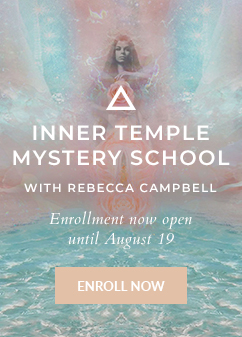 Promotional image for Rebecca Campbell’s Inner Temple Mystery School. Features ethereal artwork of a divine feminine figure above shimmering water. Text reads 'Enrollment now open until August 19' and includes a peach-colored 'Enroll Now' button.