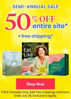 Hay House semi-annual sale banner offering 50% off all card decks, with free shipping on US & Canada orders over. Includes decks like Moonology Oracle Cards, Ancient Stones, Affirmations for Self-Esteem, and Inner Child Oracle. Offer ends July 25.